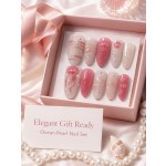 3D Jellyfish Shell Press‑On Nails, Pink‑White Ocean‑Style Almond False Nails with Pearl Rhinestones